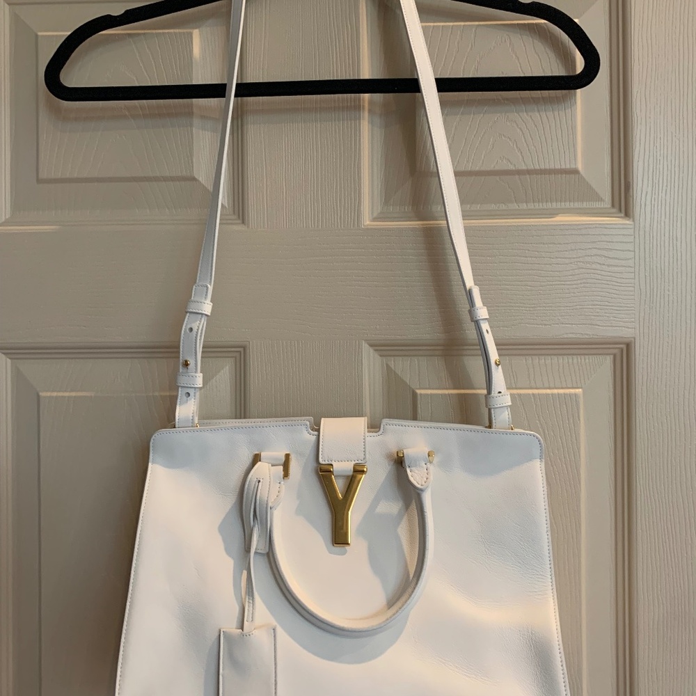 Saint Laurent Paris White Y Line Cabas Leather Satchel/Shoulder Handbag